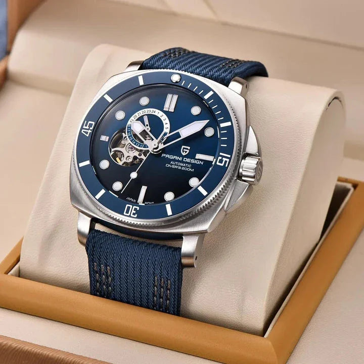 Luxury sports mechanical watch with sapphire crystal dial, 200-meter water resistance, and automatic self-winding movement