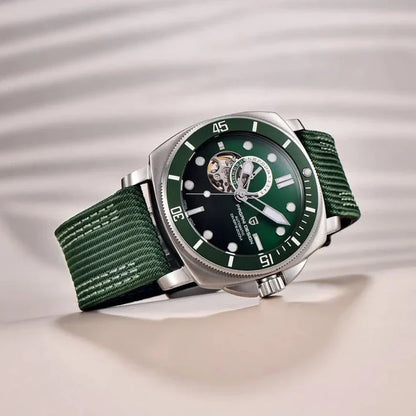 Luxury sports mechanical watch with sapphire crystal dial, 200-meter water resistance, and automatic self-winding movement