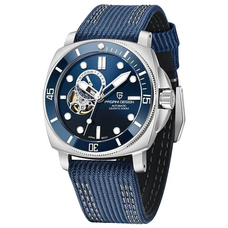 Luxury sports mechanical watch with sapphire crystal dial, 200-meter water resistance, and automatic self-winding movement