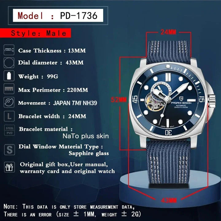 Luxury sports mechanical watch with sapphire crystal dial, 200-meter water resistance, and automatic self-winding movement