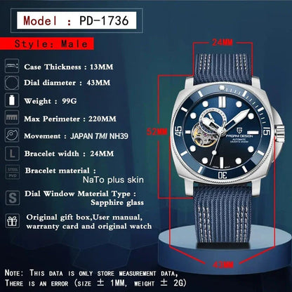 Luxury sports mechanical watch with sapphire crystal dial, 200-meter water resistance, and automatic self-winding movement