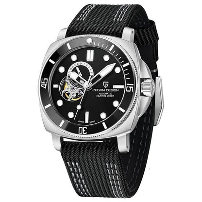 Luxury sports mechanical watch with sapphire crystal dial, 200-meter water resistance, and automatic self-winding movement