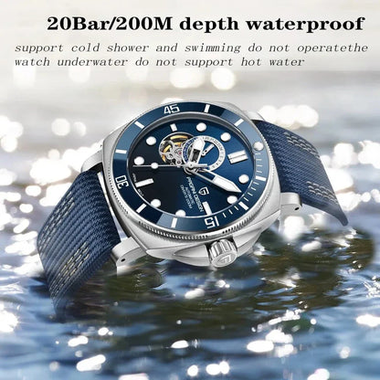 Luxury sports mechanical watch with sapphire crystal dial, 200-meter water resistance, and automatic self-winding movement