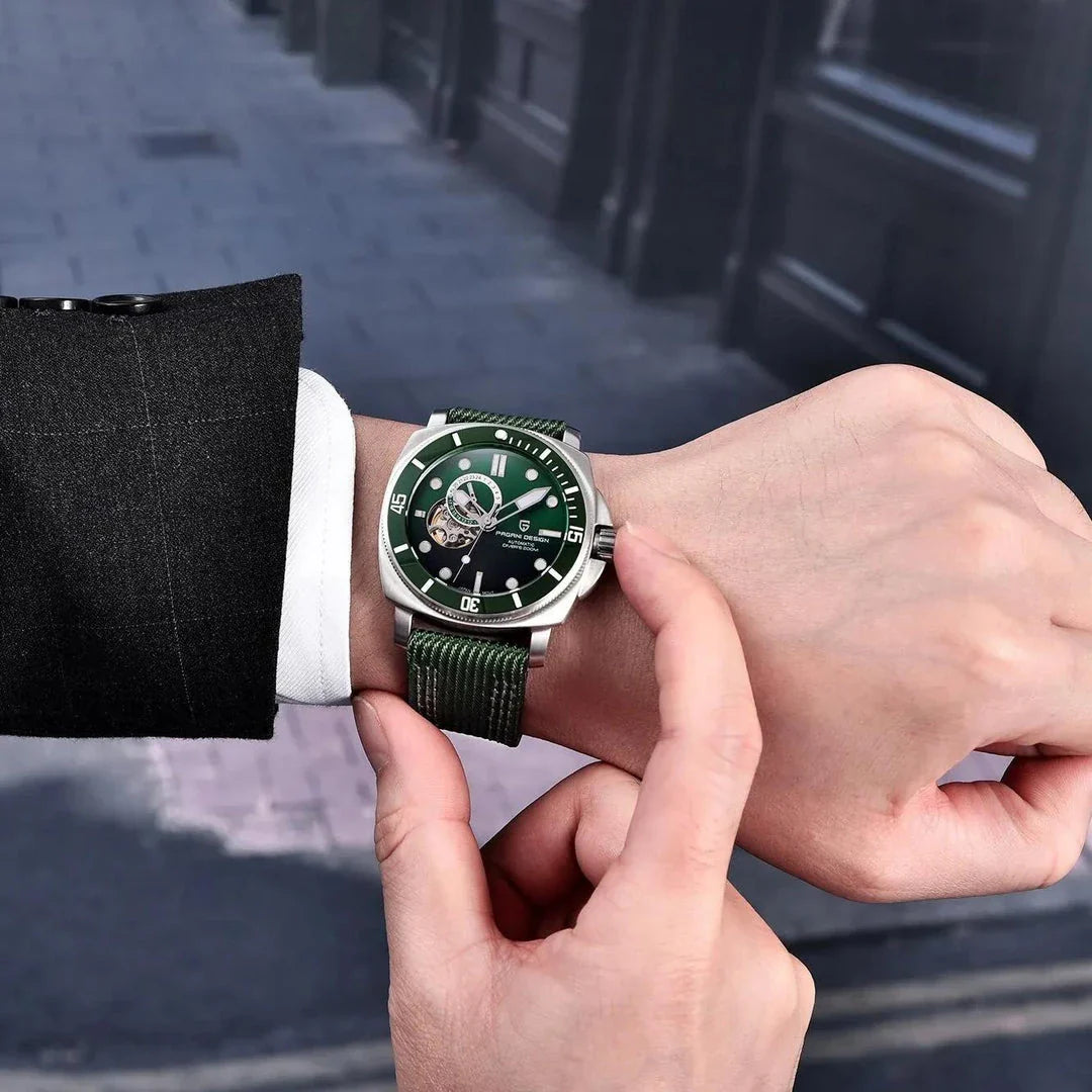 Luxury sports mechanical watch with sapphire crystal dial, 200-meter water resistance, and automatic self-winding movement