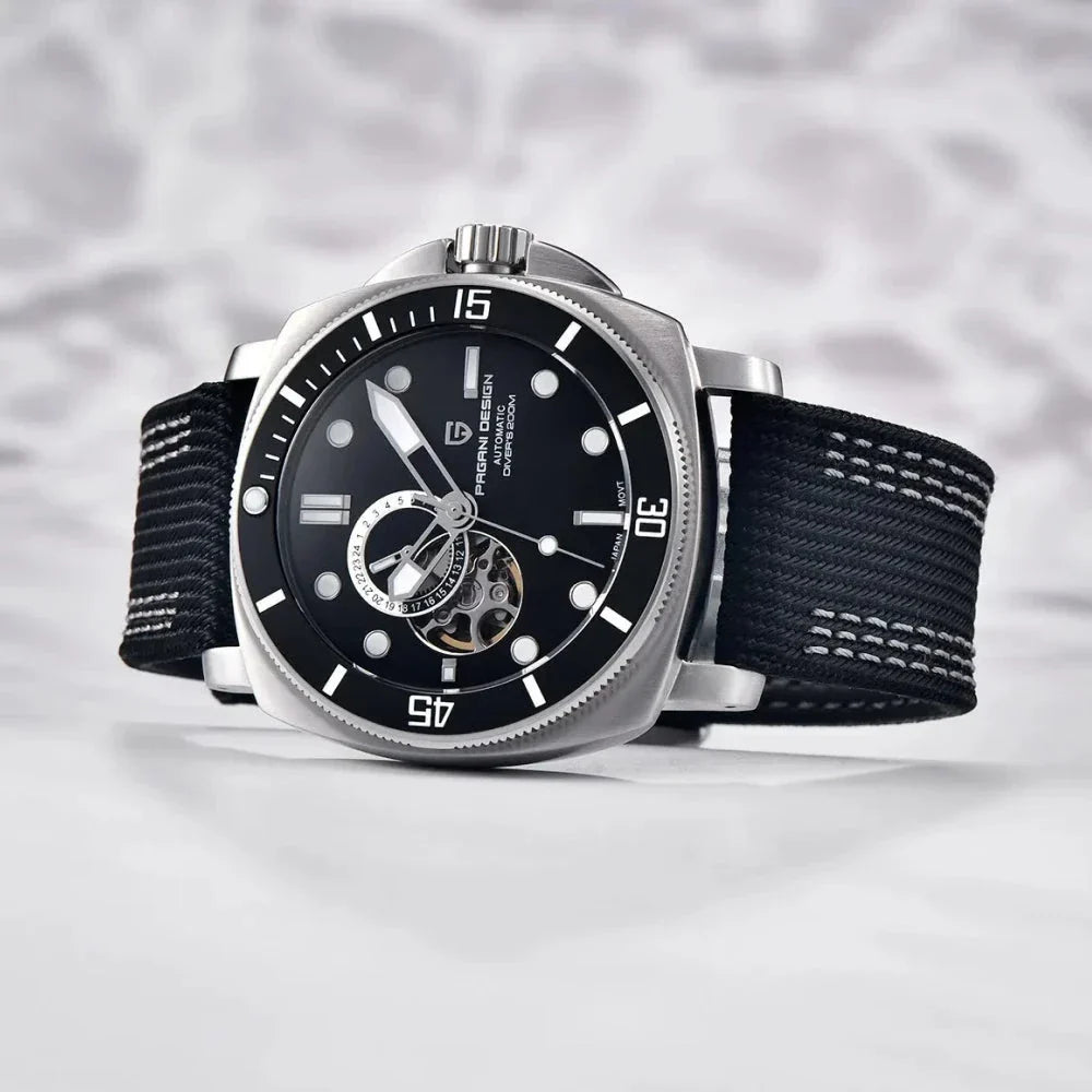 Luxury sports mechanical watch with sapphire crystal dial, 200-meter water resistance, and automatic self-winding movement