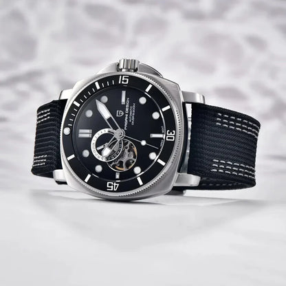 Luxury sports mechanical watch with sapphire crystal dial, 200-meter water resistance, and automatic self-winding movement