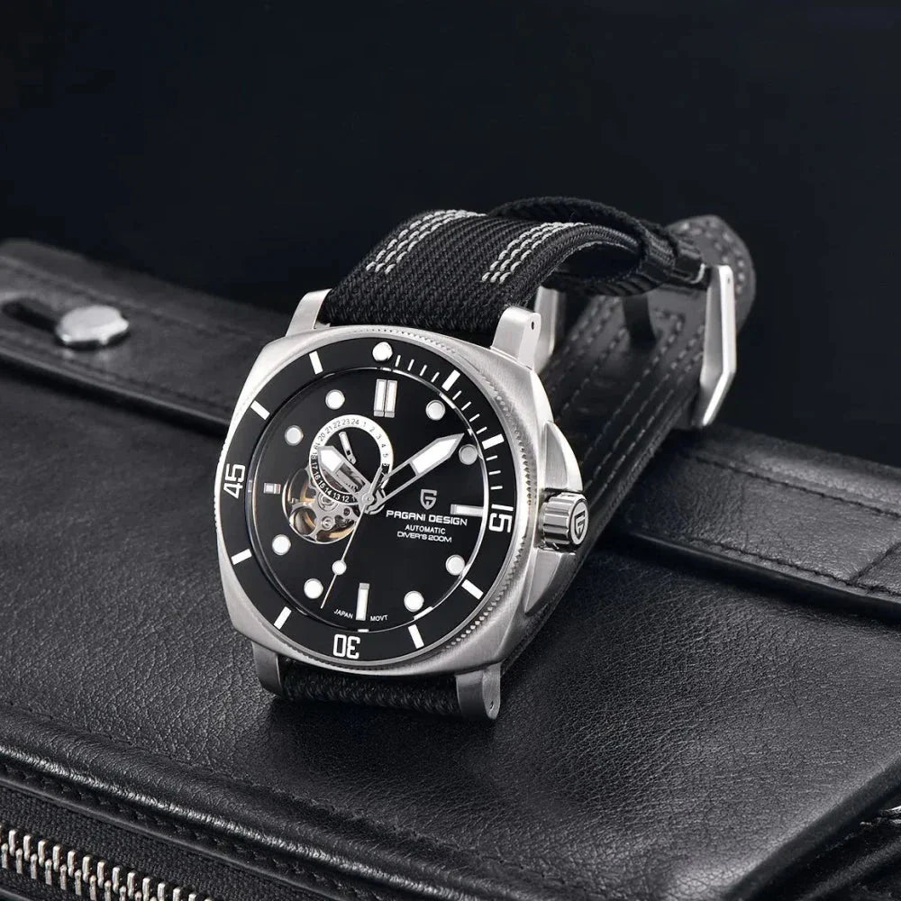 Luxury sports mechanical watch with sapphire crystal dial, 200-meter water resistance, and automatic self-winding movement