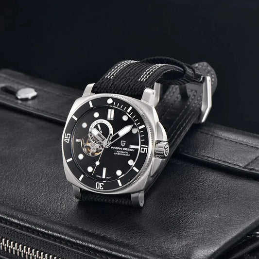 Luxury sports mechanical watch with sapphire crystal dial, 200-meter water resistance, and automatic self-winding movement