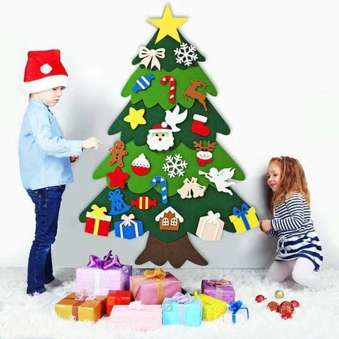 DIY Felt Christmas Tree Set with 32 ornaments and 29 LED string lights for children to decorate and unleash their creativity
