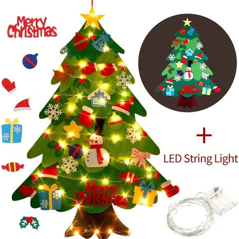 DIY Felt Christmas Tree Set with 32 ornaments and 29 LED string lights for children to decorate and unleash their creativity