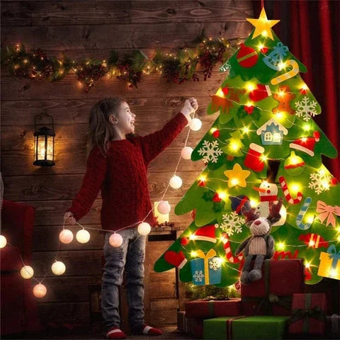 DIY Felt Christmas Tree Set with 32 ornaments and 29 LED string lights for children to decorate and unleash their creativity