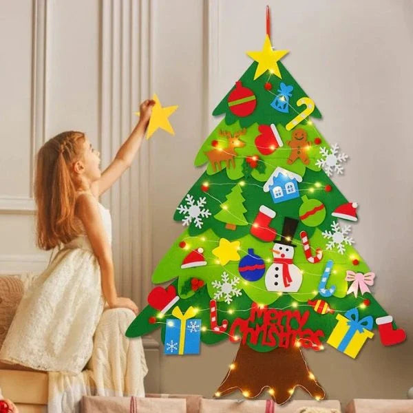 DIY Felt Christmas Tree Set with 32 ornaments and 29 LED string lights for children to decorate and unleash their creativity
