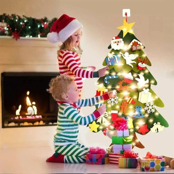 DIY Felt Christmas Tree Set with 32 ornaments and 29 LED string lights for children to decorate and unleash their creativity
