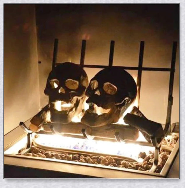 Terrifying human skull fire pit with flames escaping from the eyes and nose, perfect for outdoor gatherings and Halloween celebrations