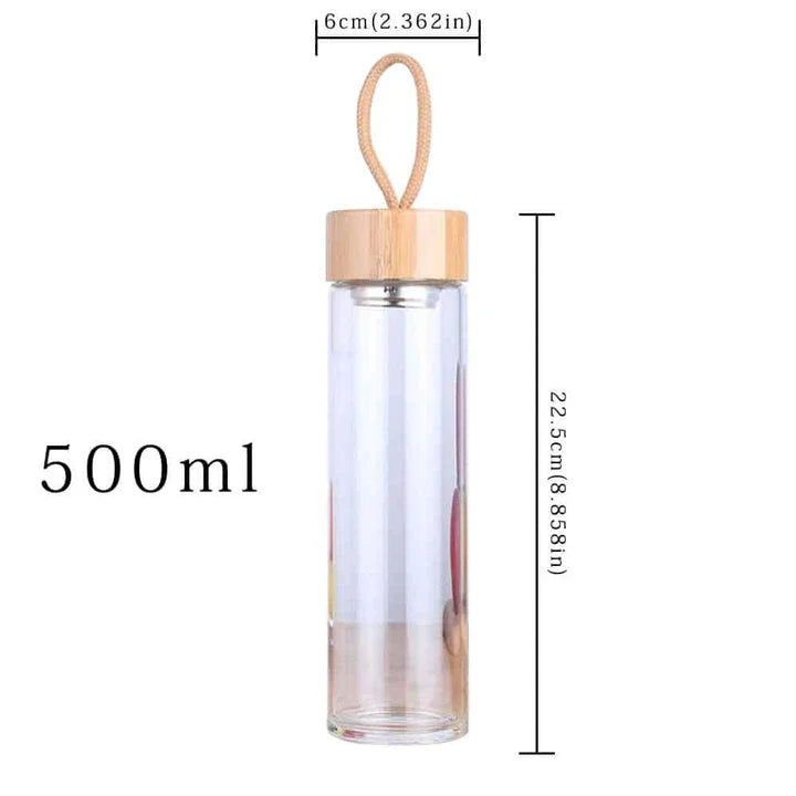 Elegant glass water bottle with bamboo lid and string, a sustainable and fashionable hydration solution