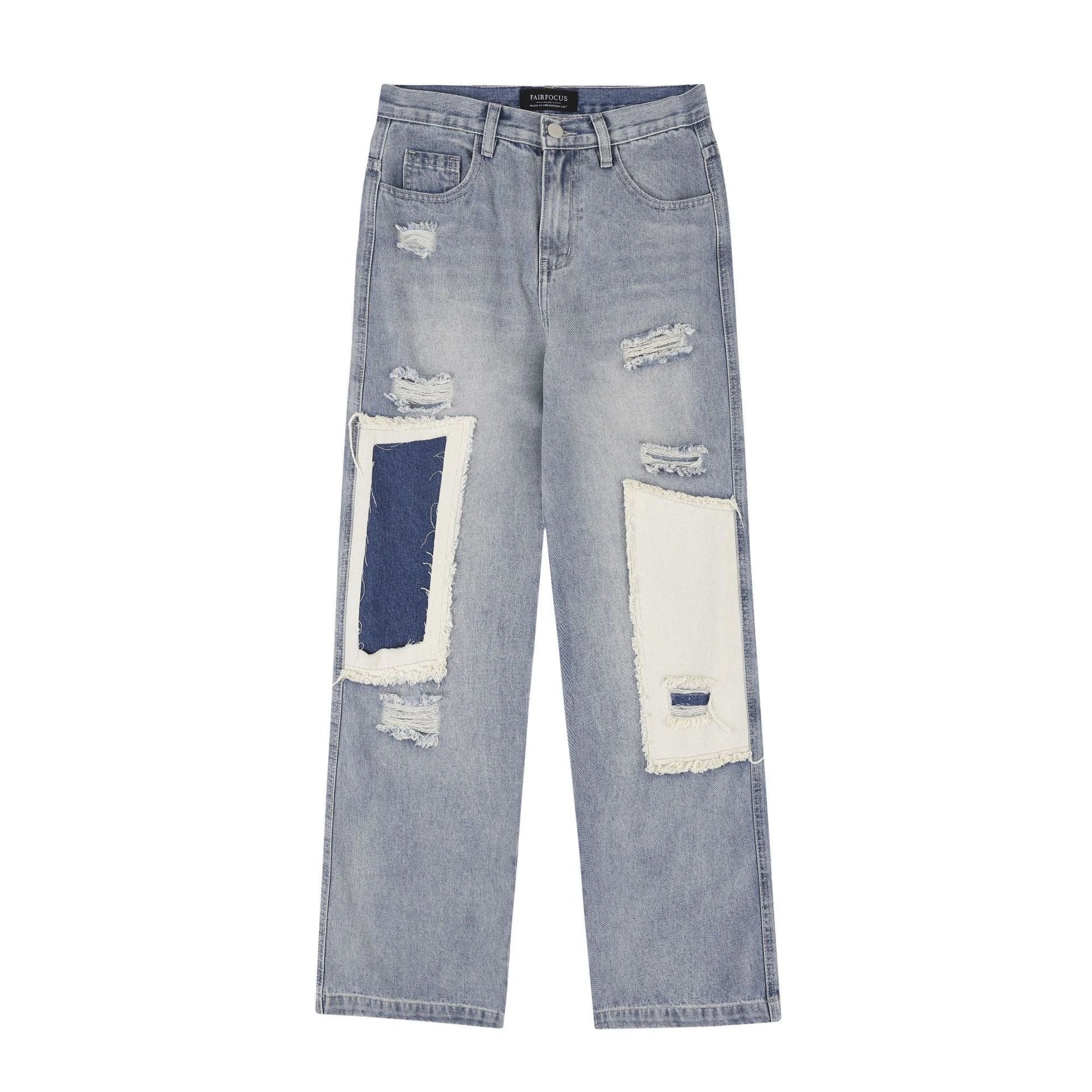 A pair of premium American-style distressed jeans with a straight-leg design and heavy-duty denim construction