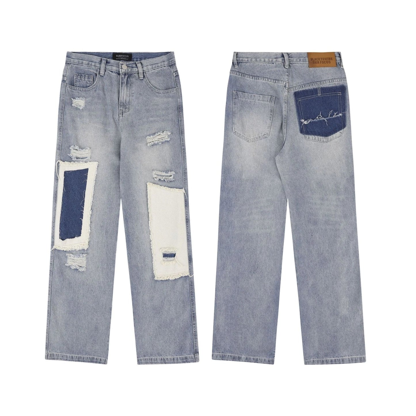 A pair of premium American-style distressed jeans with a straight-leg design and heavy-duty denim construction