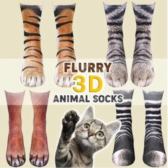 Stylish 3D animal paw print socks in a variety of designs including cats, dogs, elephants, tigers, horses, zebras, and dinosaurs