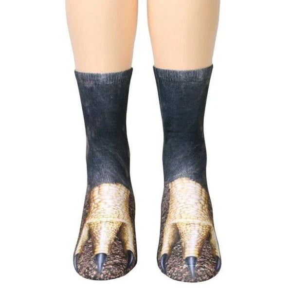 Stylish 3D animal paw print socks in a variety of designs including cats, dogs, elephants, tigers, horses, zebras, and dinosaurs