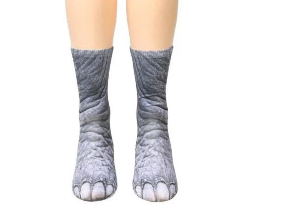 Stylish 3D animal paw print socks in a variety of designs including cats, dogs, elephants, tigers, horses, zebras, and dinosaurs