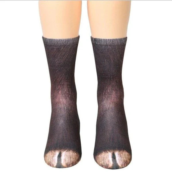 Stylish 3D animal paw print socks in a variety of designs including cats, dogs, elephants, tigers, horses, zebras, and dinosaurs