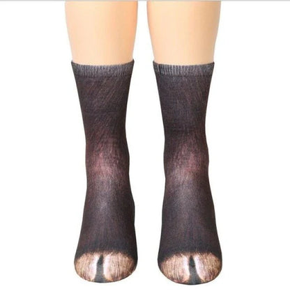 Stylish 3D animal paw print socks in a variety of designs including cats, dogs, elephants, tigers, horses, zebras, and dinosaurs