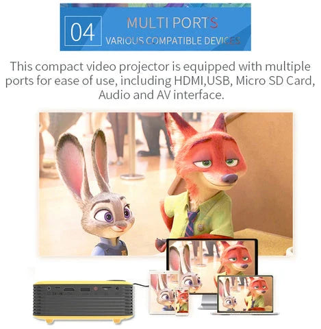 1080P Mini Portable Phone Projector with large 80-inch display, bright 800-lumen LED, and versatile connectivity options