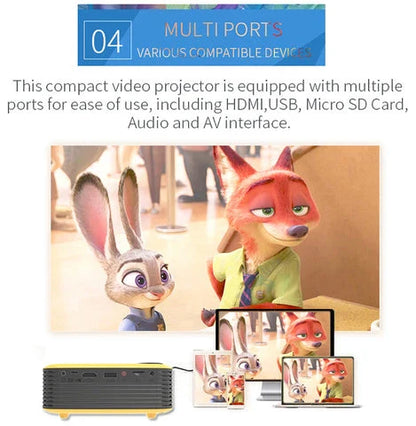 1080P Mini Portable Phone Projector with large 80-inch display, bright 800-lumen LED, and versatile connectivity options