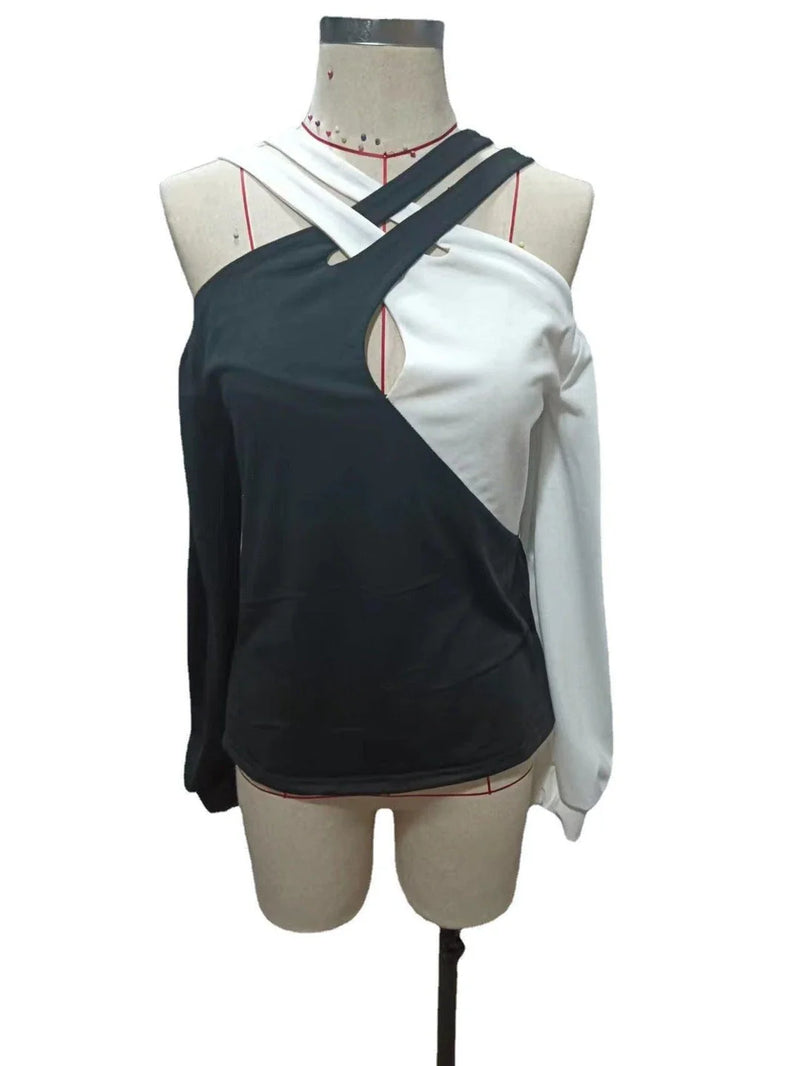 Hhomeenjoy Black and White Patchwork Casual Fashion Cross Belt Women's Top