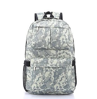 Camo backpack with spacious interior, waterproof design, and comfortable padded straps for men and women