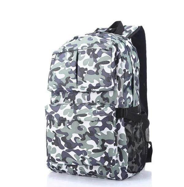 Camo backpack with spacious interior, waterproof design, and comfortable padded straps for men and women