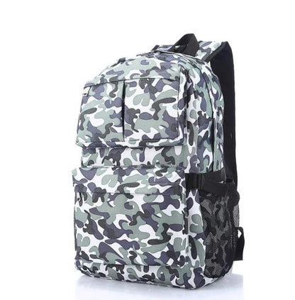 Camo backpack with spacious interior, waterproof design, and comfortable padded straps for men and women