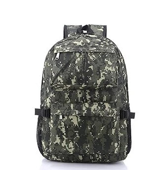 Camo backpack with spacious interior, waterproof design, and comfortable padded straps for men and women