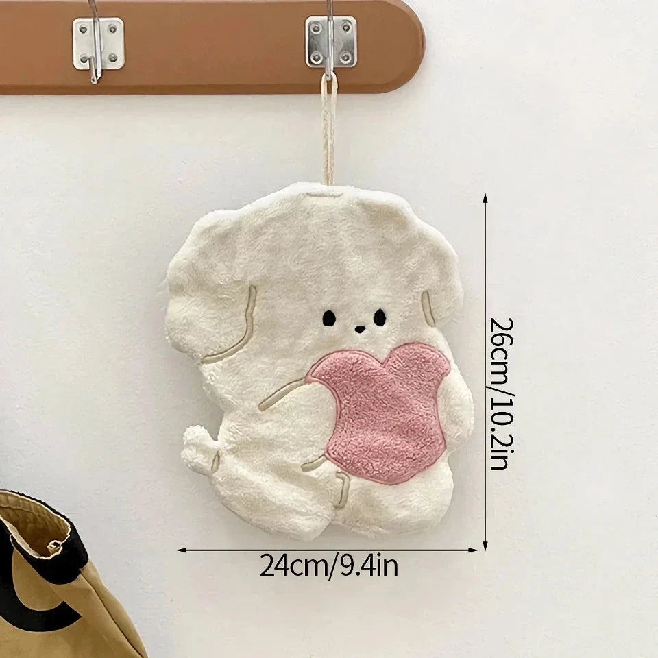 Adorable animal-themed hand towels made of soft, absorbent Coral Fleece material with a convenient lanyard design