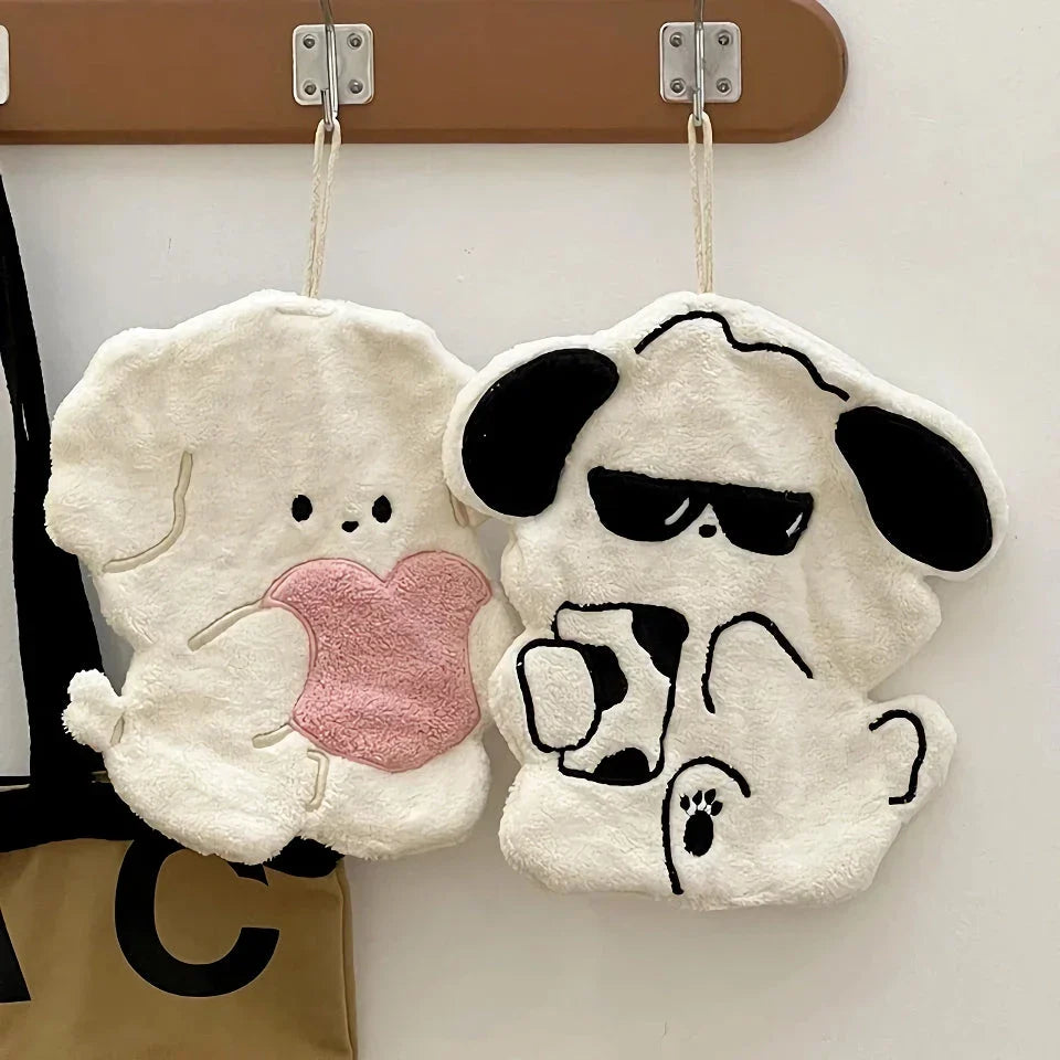 Adorable animal-themed hand towels made of soft, absorbent Coral Fleece material with a convenient lanyard design