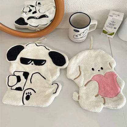 Adorable animal-themed hand towels made of soft, absorbent Coral Fleece material with a convenient lanyard design