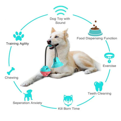 Interactive chew toy for large dogs with suction cup base, rope, and treat dispenser for dental care and entertainment