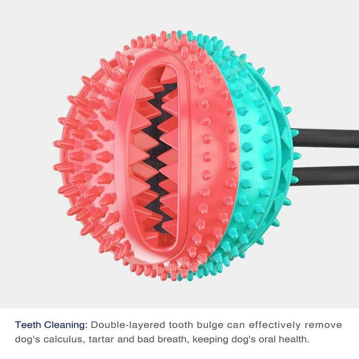 Interactive chew toy for large dogs with suction cup base, rope, and treat dispenser for dental care and entertainment