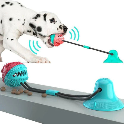 Interactive chew toy for large dogs with suction cup base, rope, and treat dispenser for dental care and entertainment