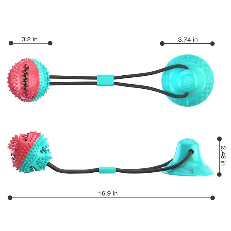 Interactive chew toy for large dogs with suction cup base, rope, and treat dispenser for dental care and entertainment