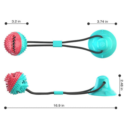 Interactive chew toy for large dogs with suction cup base, rope, and treat dispenser for dental care and entertainment