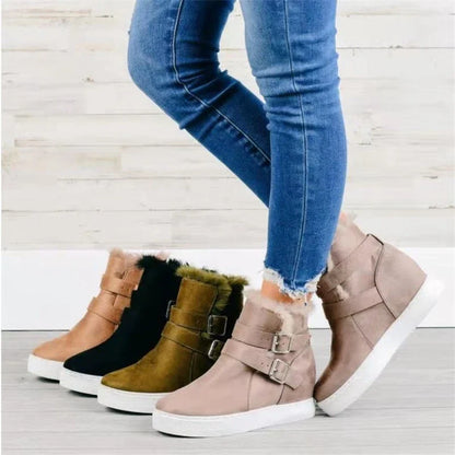 Flat short boots for women in various colors, featuring a suede upper, rubber sole, and wedge heel design