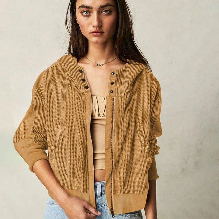 Chic Autumn Winter Waffle Zip-Up Hoodie for Women in Brown with Hooded Collar and Stylish Button Detail