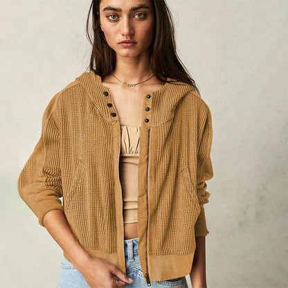 Chic Autumn Winter Waffle Zip-Up Hoodie for Women in Brown with Hooded Collar and Stylish Button Detail
