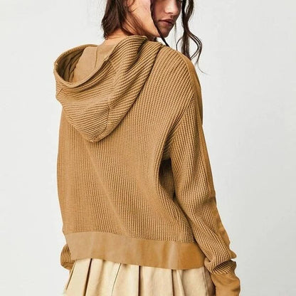 Chic Autumn Winter Waffle Zip-Up Hoodie for Women in Brown with Hooded Collar and Stylish Button Detail