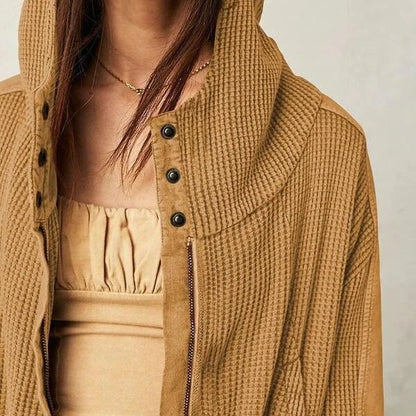 Chic Autumn Winter Waffle Zip-Up Hoodie for Women in Brown with Hooded Collar and Stylish Button Detail