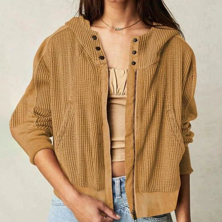Hhomeenjoy Chic Autumn Winter Waffle Zip-Up Hoodie
