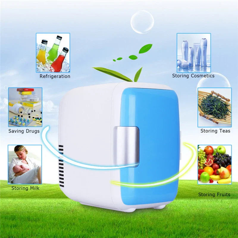 A compact 4L car refrigerator with dual cooling and warming functions, perfect for road trips, camping, and daily use in any vehicle.