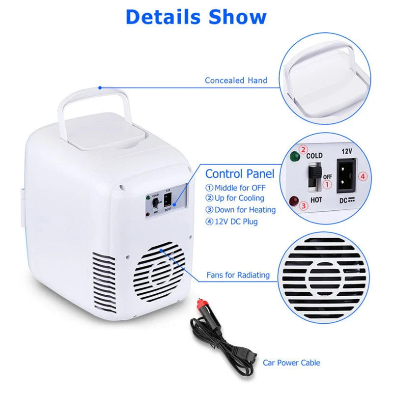 A compact 4L car refrigerator with dual cooling and warming functions, perfect for road trips, camping, and daily use in any vehicle.