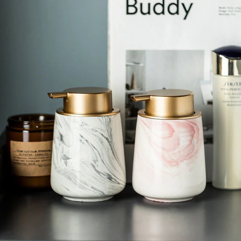 A luxury ceramic foaming soap dispenser with a sleek, sophisticated design for bathrooms and kitchens.